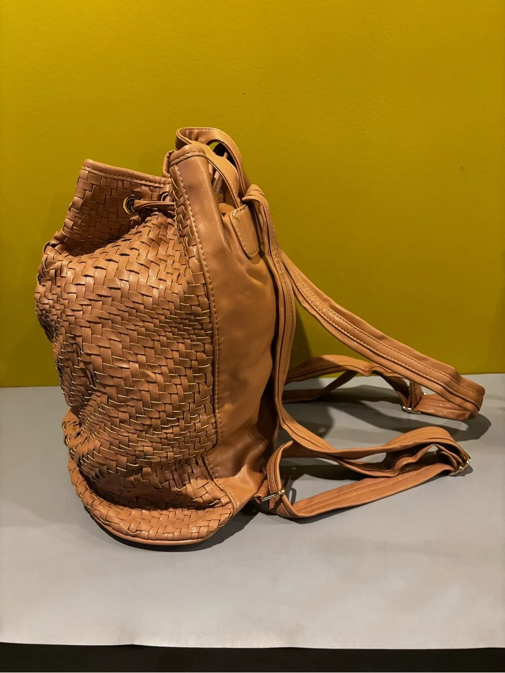 Woven Drawstring Bucket Bag in Tan